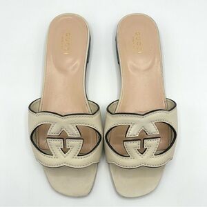 Gucci GG Interlocking Cutout Sandals Slides Leather Cream 37